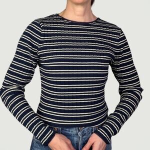 J.Crew Pointelle Knit Striped Ribbed Long Sleeve Lace Trim Top Tee Navy CC997 S